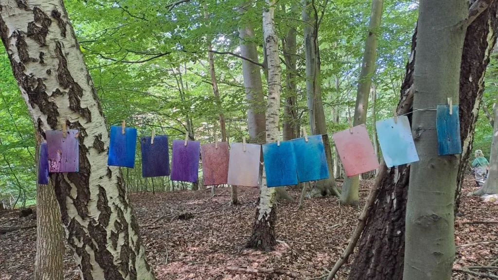 Selbst gefärbte Tücher trocknen im Wald